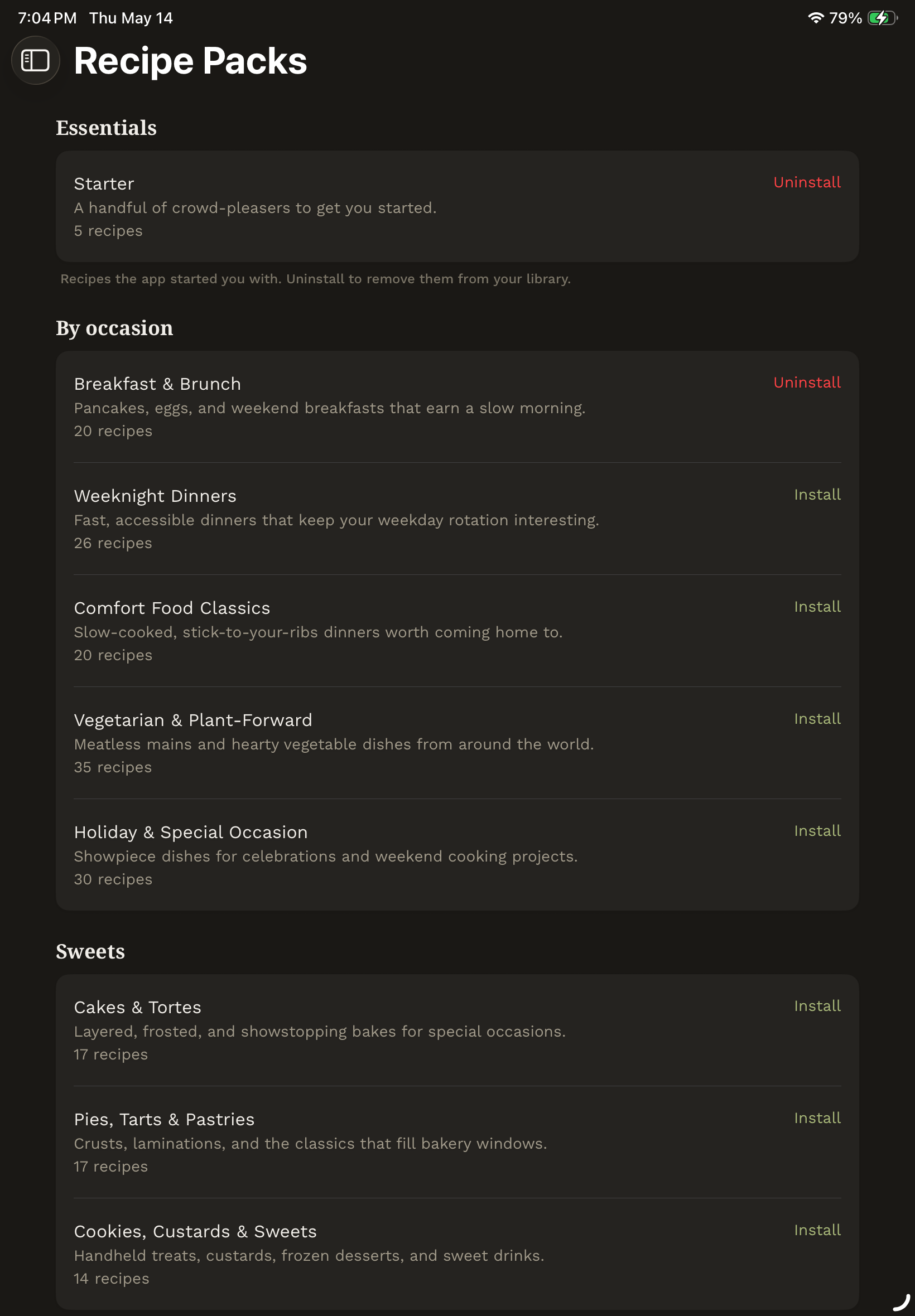 iPad recipe packs catalog