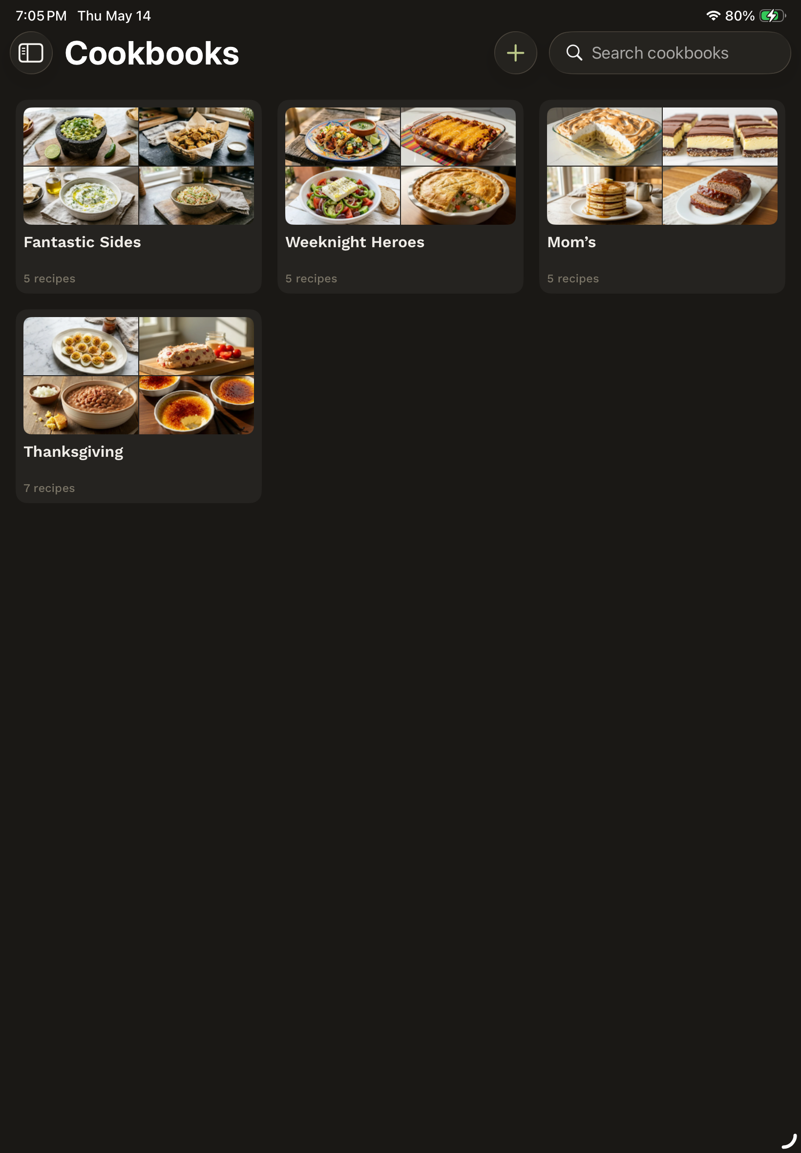 iPad cookbooks index with sidebar